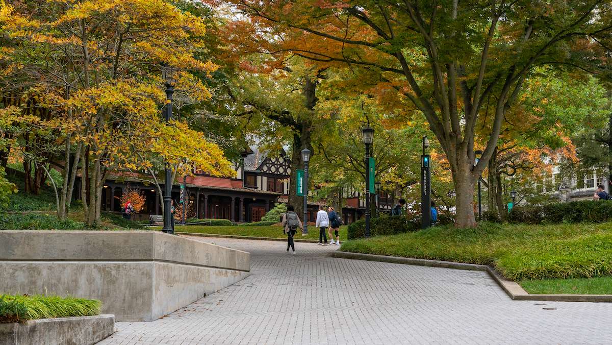 students walking on campus with neat landscaping in fall
