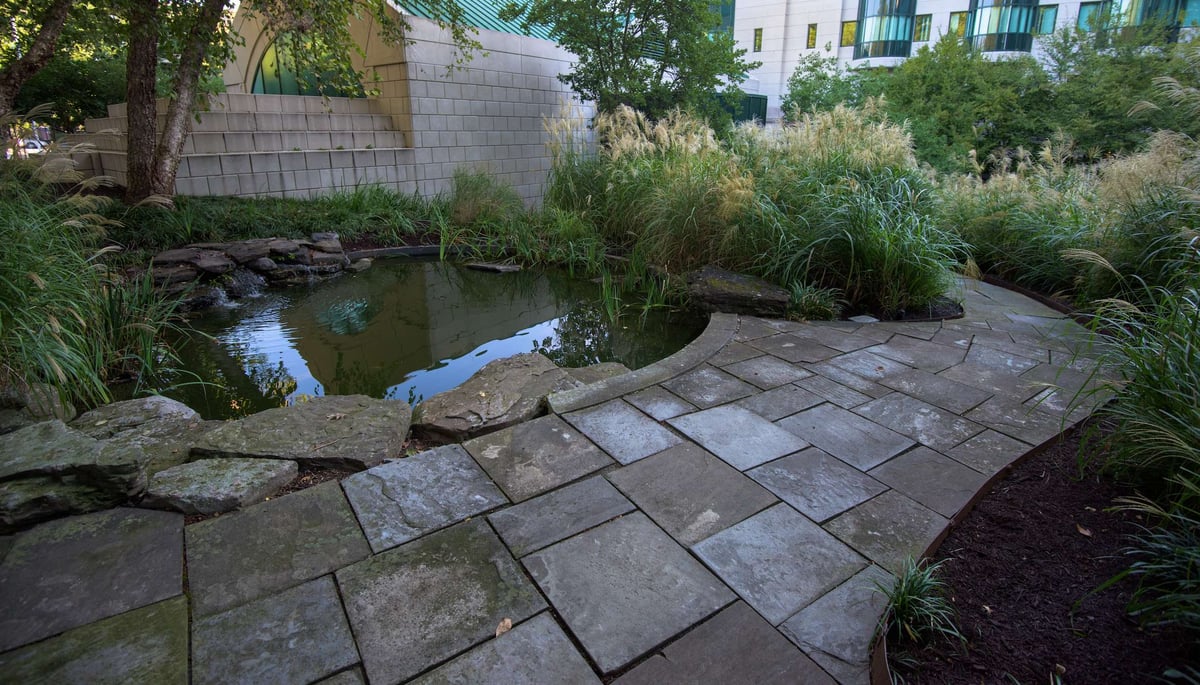 water feature with ornamental grasses